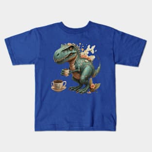 cute trex dinosaur drinking a coffee cute dino coffee time gift ideas ,dinosaur coffee tees gifts Kids T-Shirt